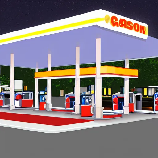 Image similar to a digital rendering of a gas station at night by emiliano ponzi