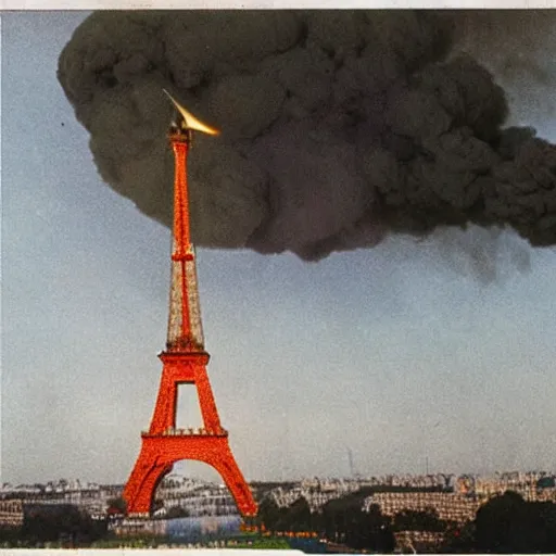 Prompt: Colored photograph of an explosion on the Tower Eiffel