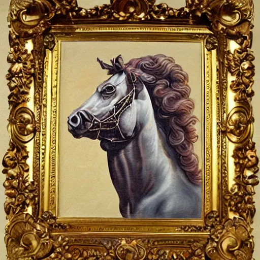 Prompt: baroque style painting, rococo of a brown horse, super detailed, super colorful