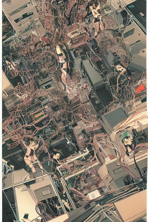 Image similar to a hyper-detailed cyberpunk magazine cover illustration of a group of four female androids' body pieces with cables and wires coming out, lying scattered over an empty floor, by masamune shirow and katsuhiro otomo, seen from above, japan 1980s