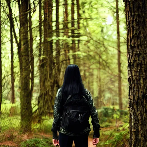 Prompt: young lady with green and black hair wearing black military style clothing backpack long sword glow misty forest rendered