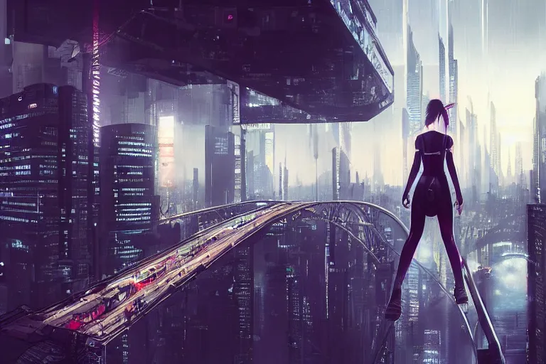 Image similar to a beautiful picture of a girl standing on top of a bridge over a city, cyberpunk art by vincent lefevre,