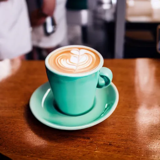 Image similar to a cup of latte in a toilet - shaped mug, fresh bakeries in the background, in a bright cafe, 3 5 mm, f 1. 8