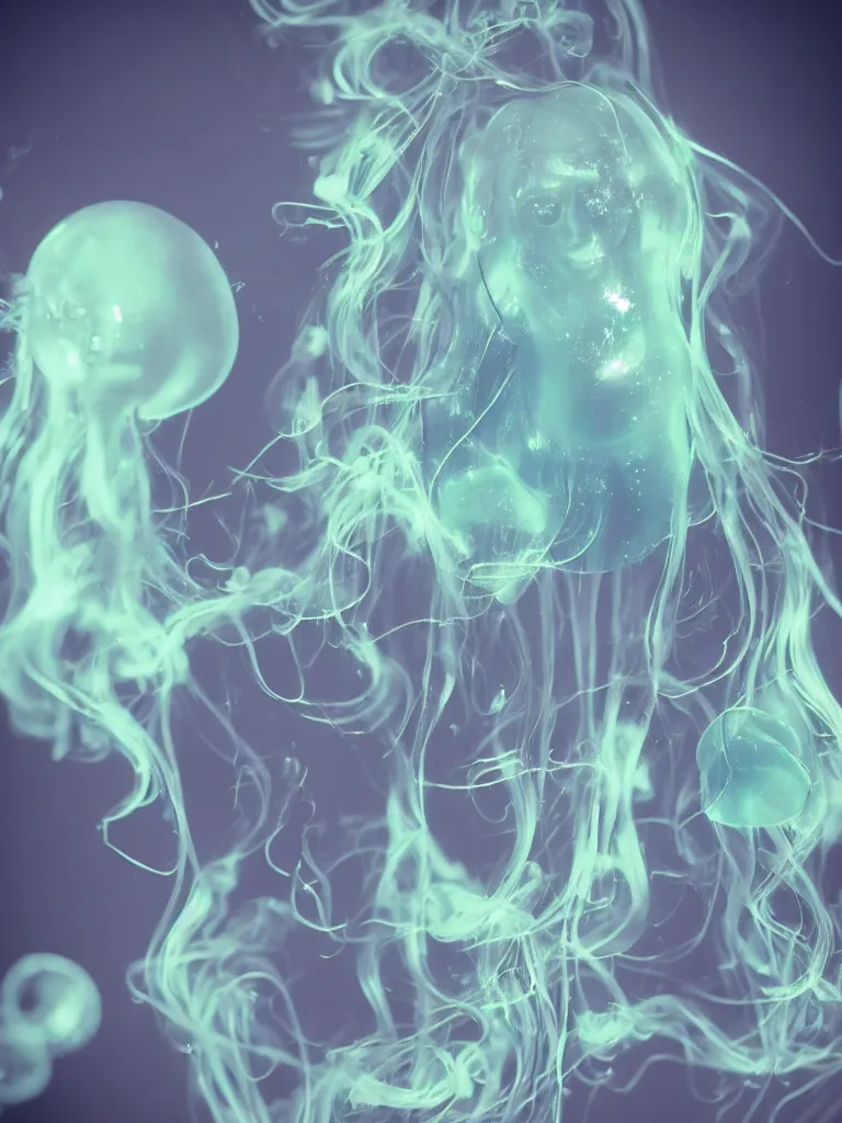 Image similar to cute fumo plush smiling ectoplasmic gothic macabre shiny jellyfish ghost girl, glowing wisps of hazy smoke, lens flare, vignette, refraction, vray