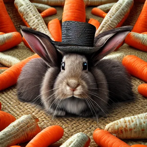 Image similar to hasidic rabbit sitting on pile of carrots intricate detail, finely detailed, small details, extra detail, photorealistic, high resolution, vray, hdr, hyper detailed, insane details, intricate, elite, ornate, elegant, luxury, dramatic lighting, octane render, weta digital, micro details, 3 d sculpture