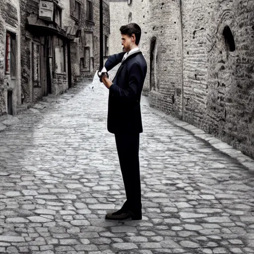 Prompt: A mage wearing formal suit in an Alley of a medieval town casting an spell using a magic circle, 4k, digital art