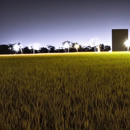 Prompt: a field during nighttime with a concrete monolith in the distance, liminal, 4 k