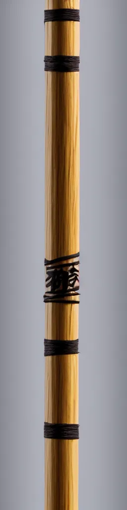 Image similar to picture of a single wooden long straight thin ninja fighting staff with oriental ornaments, weapon, highlight, vertical, centred, highly symmetric, sci - fi, fantasy, japan, dnd, close shot, bright uniform background, award winning, 8 k