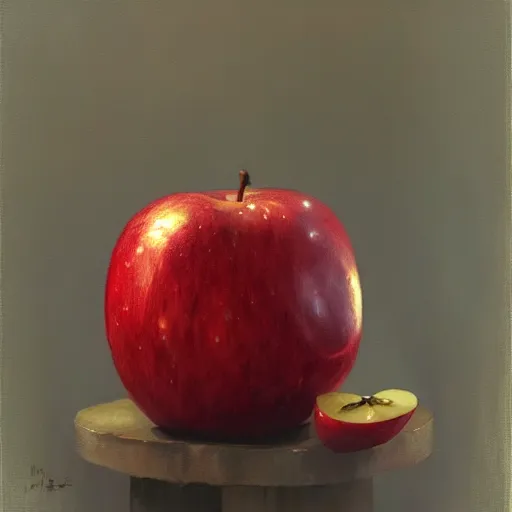 Prompt: an oil painting of an apple painted by Esao Andrews. dark, gothic, moody, darkcore. painting trending on Artstation