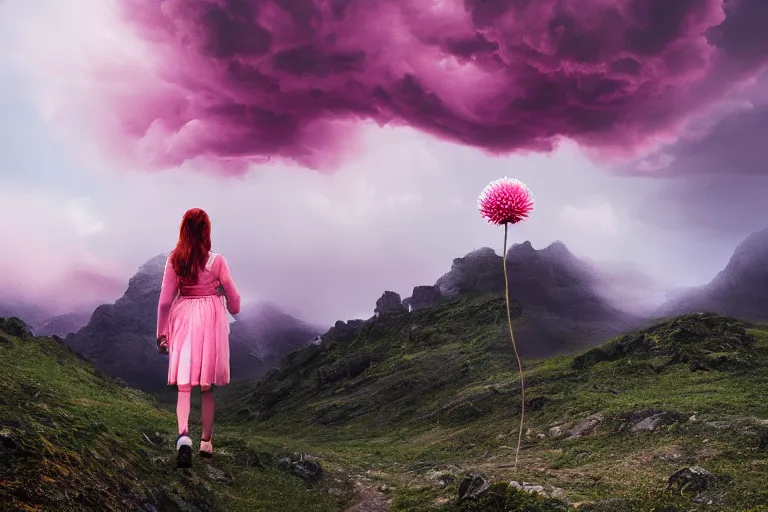 Image similar to giant dahlia flower head, girl walking on mountain, surreal photography, pink storm clouds, dramatic light, impressionist painting, digital painting, artstation, simon stalenhag
