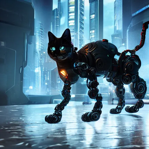 Image similar to cyberpunk style robotic cat, high detail, digital art, concept art,octane render,unreal render 4k