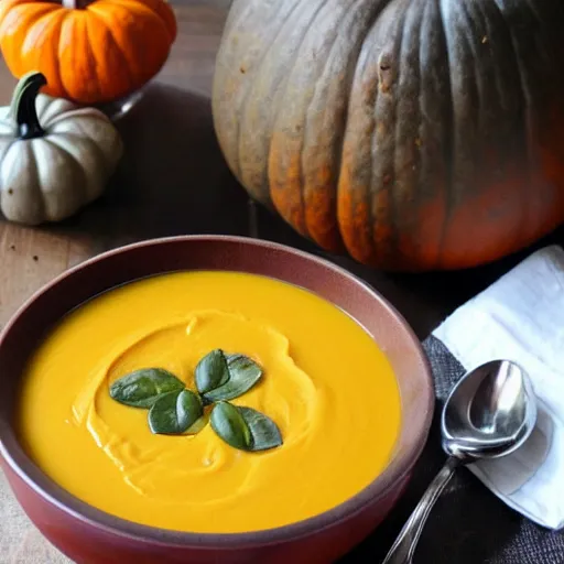 Prompt: Pumpkin soup. Award winning home style recipe. Cookbook photo