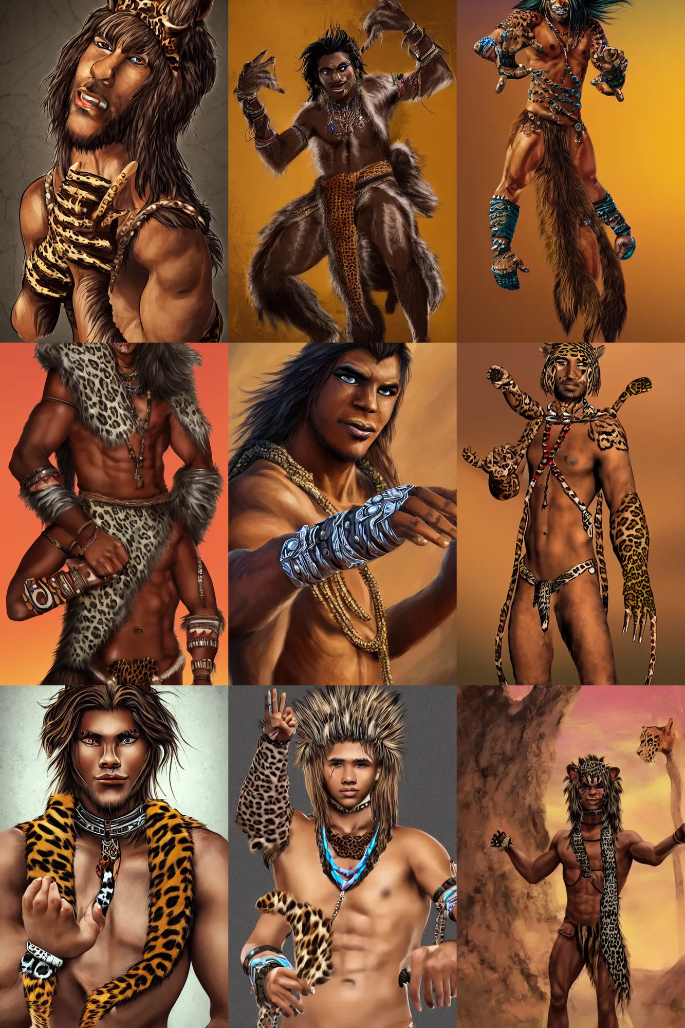 Prompt: digital art of closeup tribal boy leopardman with long hair, loincloth, leopard paws with claws on hands as gauntlet, showing his paws to viewer, artstation