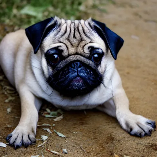 Image similar to a pug with human legs, photo