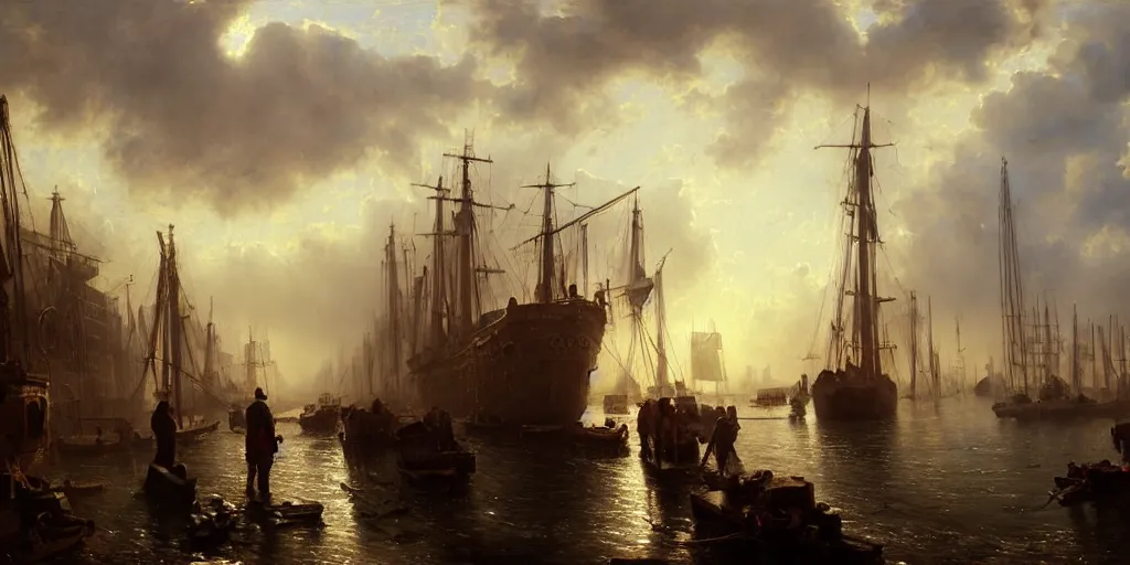 Image similar to a seaport in 1 9 4 0 with red light on, sunny day, a men stand up next to the edge, oil on canvas, art by andreas achenbach, clemens ascher, tom bagshaw and sabbas apterus,