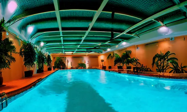 Image similar to indoor pool with ferns and palm trees at night, shops, pool tubes, chromatic abberation, dramatic lighting, dim lighting, horror lighting, depth of field, 80s photo, wideangle, fisheye