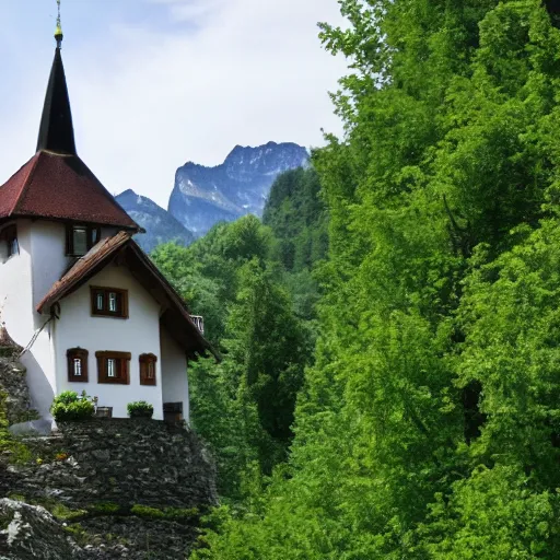 Prompt: little castle on a forest hill in switzerland in the summer