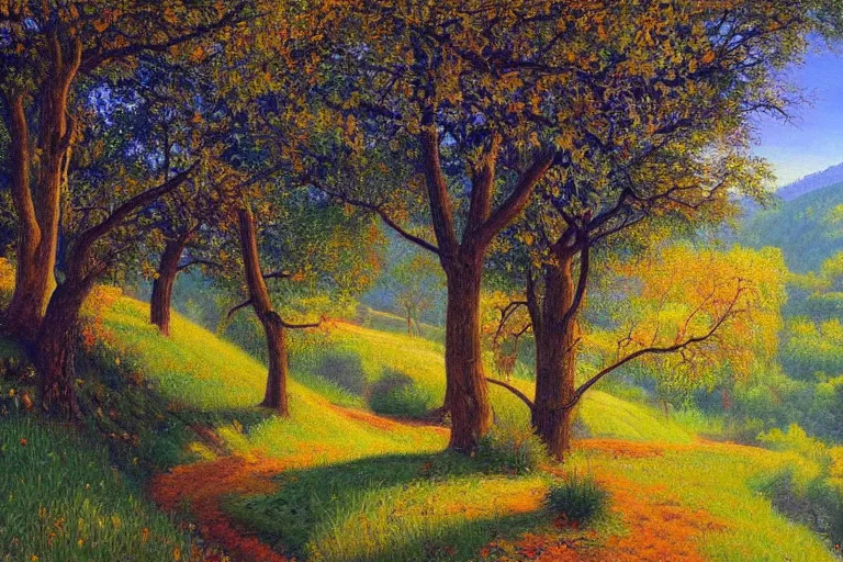 Prompt: masterpiece painting of oak trees on a hillside overlooking a creek, dramatic lighting, by victor nizovtsev