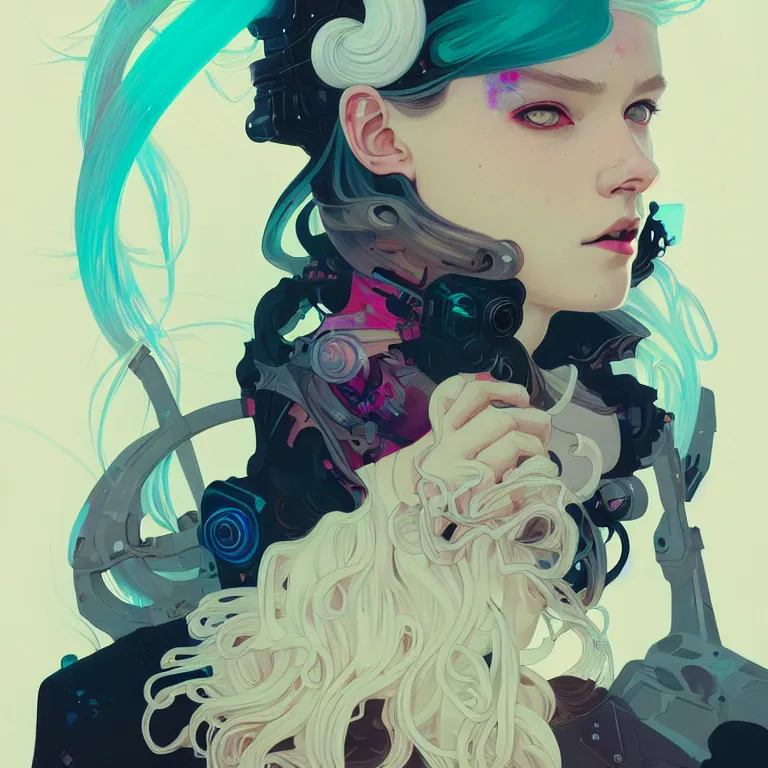 Prompt: a beautiful portrait painting of a ( cyberpunk ) white hair girl by ( sachin teng ) and pascal blanche! and alphonse mucha! and nekro! and josan gonzalez and rhads. in style of digital art. colorful comic, film noirs, symmetry, brush stroke, vibrating colors, hyper detailed. octane render. trending on artstation