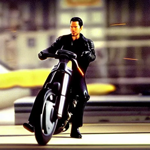 Image similar to beautiful hyperrealism three point perspective film still of Keanu Reeves as neo with machine gun in a motorcycle chase scene in Matrix(1990) extreme closeup portrait in style of 1990s frontiers in translucent porclein miniature street photography seinen manga fashion edition, miniature porcelain model, focus on face, eye contact, tilt shift style scene background, soft lighting, Kodak Portra 400, cinematic style, telephoto by Emmanuel Lubezki