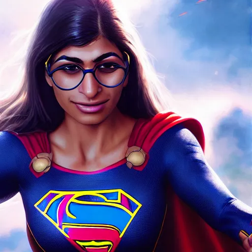 Image similar to a close up face of Mia Khalifa as Supergirl by Greg Rutkowski, Sung Choi, Mitchell Mohrhauser, Maciej Kuciara, Johnson Ting, Maxim Verehin, Peter Konig, Zack Snyder, 8k photorealistic, cinematic lighting, HD, high details, dramatic, trending on artstation,