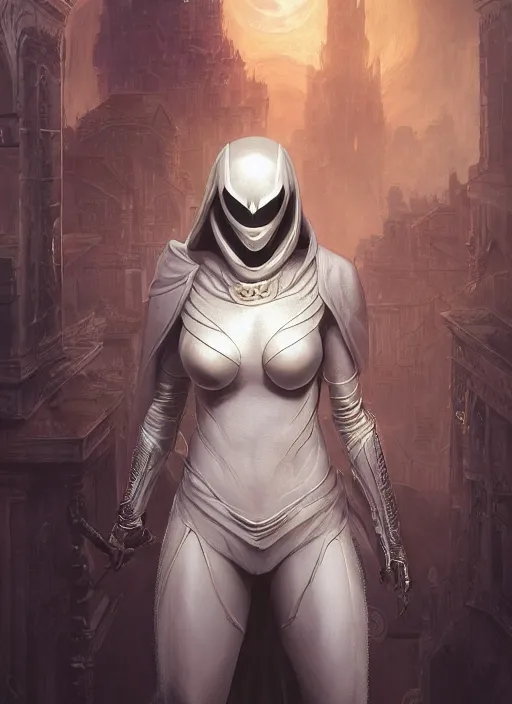 Image similar to female moon knight, hyper detailed, dynamic background, digital art, trending in artstation, cinematic lighting, studio quality, smooth render, unreal engine 5 rendered, octane rendered, art style by klimt and nixeu and ian sprigger and wlop and krenz cushart