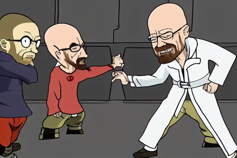 Image similar to Walter White fighting Jesse Pinkman in an anime