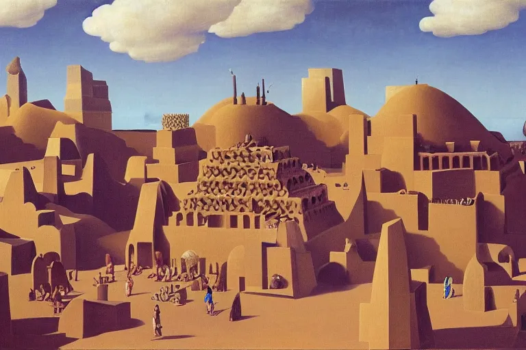 Prompt: a giant sand castle with a small crowd outside on a tropical island, fluffy clouds, blue sky by magritte and de chirico, oil painting, hyper detailed, masterpiece 4 k