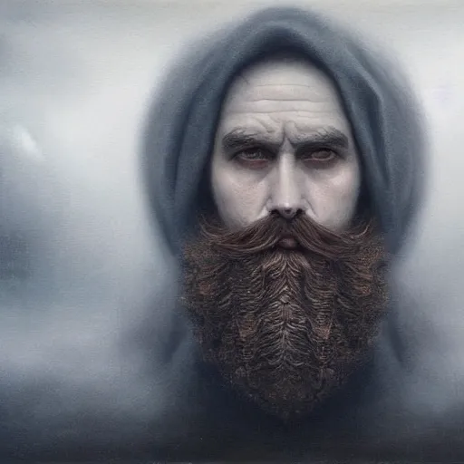 Prompt: By Tom Bagshaw, ultra realist soft painting of gloomy universe by night, Dwarf smile beard, symmetry accurate features, very intricate details, ominous sky, black and white, volumetric light clouds