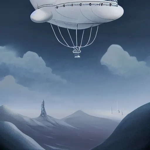 Image similar to a blimp in the sky above a snowy mountain, poster art by guillermo del toro, artstation, panfuturism, reimagined by industrial light and magic, official art, poster art