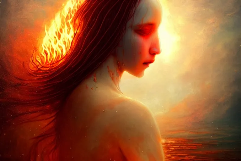 Prompt: Ocean catching fire with emerging fallen angel crying tears of blood, magical, transcendental, concept art, art nouveau, inspired by Reylia Slaby, Peter Gric, Merriam Daniel, intricate, ornate, trending on artstation, volumetric lighting, CGsociety