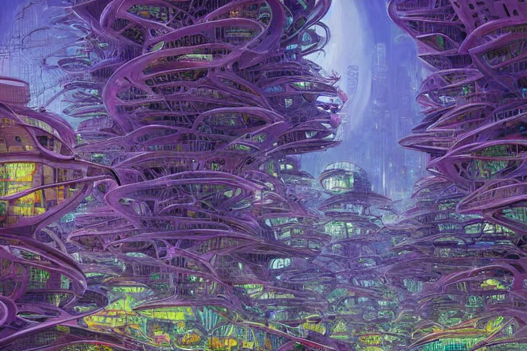 Image similar to oil painting, super - detailed scene of utopian floating zaha hadid city, cyberpunk garden, solarpunk, bioluminescent cyber - garden, japanese sci - fi books art, artwork by jean giraud, hd, 4 k, high quality