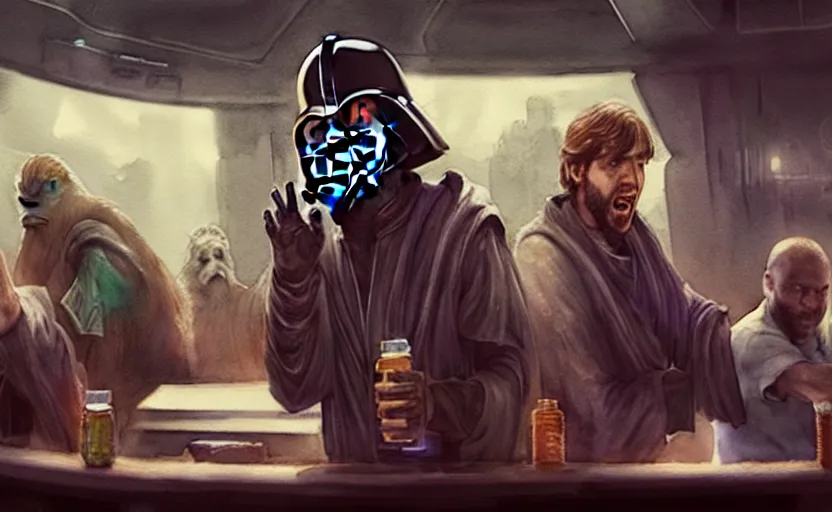 Image similar to an accurate realistic star wars watercolor fantasy concept art of a drug dealer that looks like chris d'elia yelling angrily in a sleazy futuristic bar of coruscant, hq, 4 k