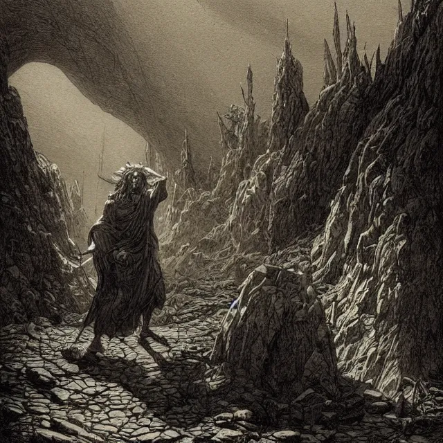 Image similar to etching by Franklin Booth and Gustav Doré showing frightened sorcerer in the desert by night, surrounded by nightmares in the shadows, mystic athmosphere, by Greg Rutkowski, deformed rocks, snakes, scorpions, UHD, 8K,