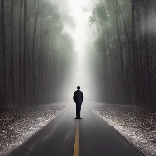 Image similar to super ultra realistic image man standing on an nostalgic street the background is a huge forest the road is between a forest it is raining and also fog