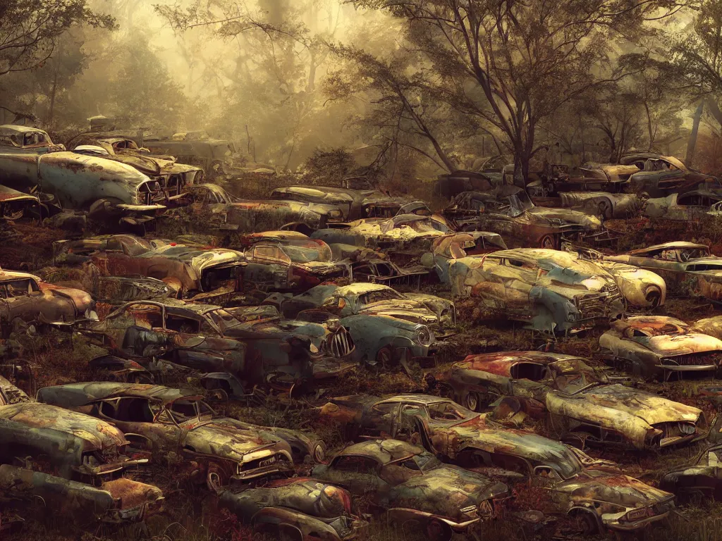 Image similar to an abandoned junkyard in a forrest full of rusty dream cars from the fifties by raymond swanland, 1 6 mm wideangle lens, volumetric lighting, octane render, artstation