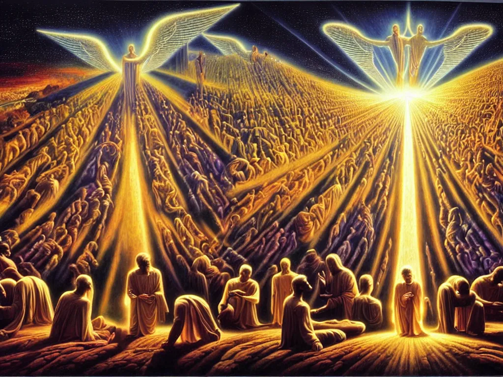 Prompt: a beautiful scenery of humanity evolving into god like beings, spiritual science, divinity, utopian, by david a. hardy, wpa, public works mural, socialist