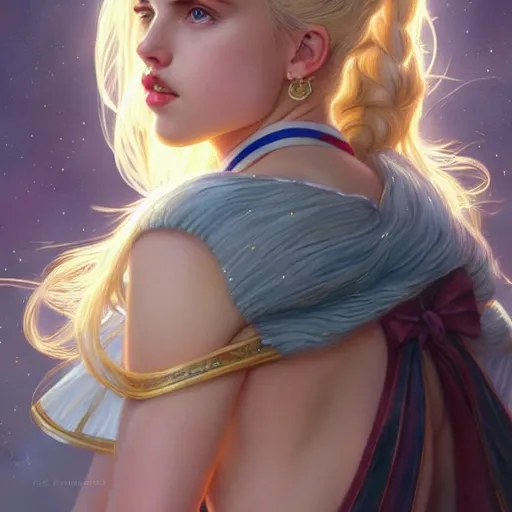 Prompt: Blonde Margaret Qualley as Sailor Moon, western, D&D, fantasy, intricate, elegant, highly detailed, digital painting, artstation, concept art, matte, sharp focus, illustration, art by Artgerm and Greg Rutkowski and Alphonse Mucha