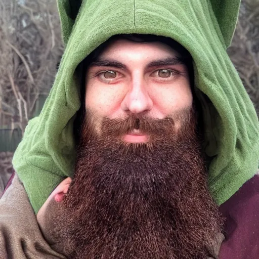 Prompt: a green hood wizard with a long brown beard