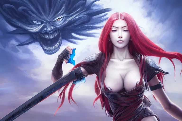 Image similar to beautiful girl holding a ego sword with red eye imprint at the top of clouds, extremely detailed and beautiful aesthetic face, seductive pose, super detailed eyes, highly detailed, digital painting, highlight scene of the movie, smooth, illustration, unreal engine 5, 8 k, art by hiroaki samura and jiro matsumoto and yusuke murata