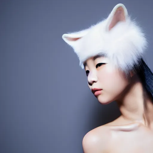 Prompt: aesthetic portrait of a beautiful young Japanese woman with furry white cat ears, by Nick Knight, headshot, realistic, photorealistic, HD, 4k resolution