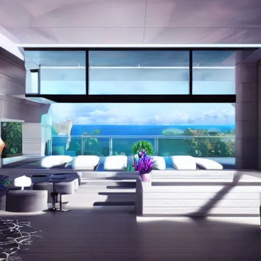 Prompt: video game set inside a beautiful futuristic mansion, mirror's edge, clean, views to the ocean, elegant study