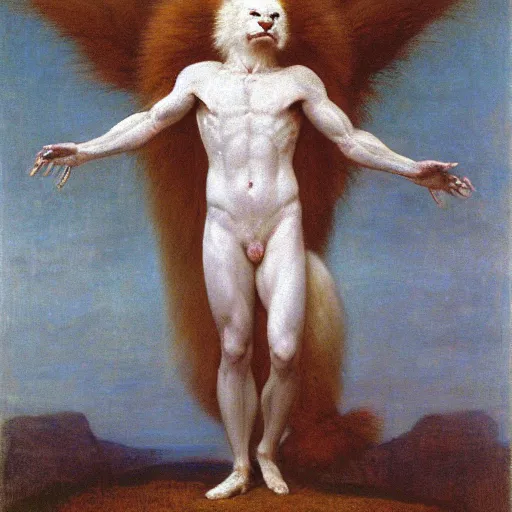 Image similar to award winning photo of muscular male albino anthropomorphic anthro furry white lion by george frederic watts