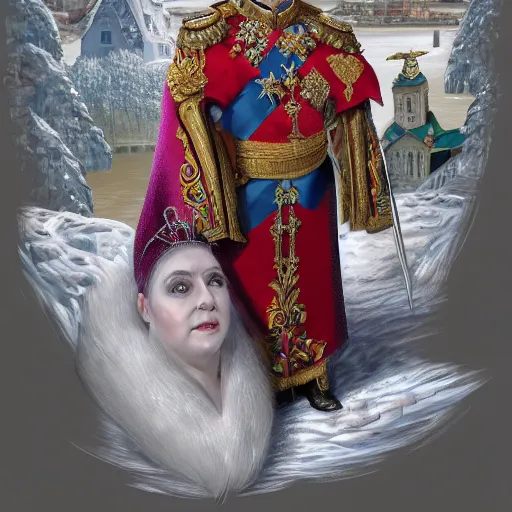 Image similar to an extremely realistic portrait depicting the coronation of viktor orban dressed in royal national costume, on the frozen danube, detailed, intricate, elegant, fat, highly detailed, digital painting, artstation, concept art, smooth, sharp focus, illustration,