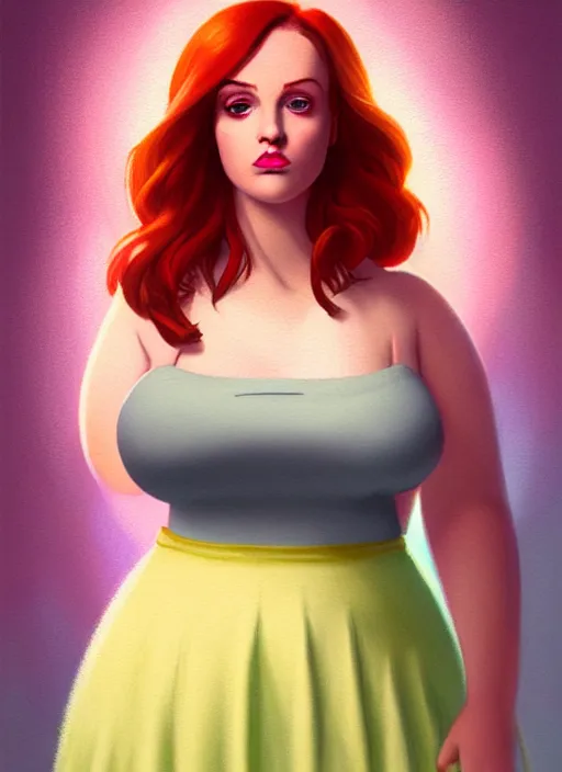 Image similar to full body portrait of teenage cheryl blossom, obese, bangs, green eyes, sultry, realistic, red hair, sultry smirk, wavy hair, pink skirt, fat, intricate, elegant, glowing lights, highly detailed, digital painting, artstation, concept art, smooth, sharp focus, illustration, art by wlop, mars ravelo and greg rutkowski