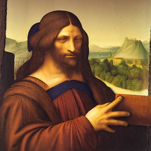 Image similar to Mona Lista painting a portrait of Leonardo Da Vinci