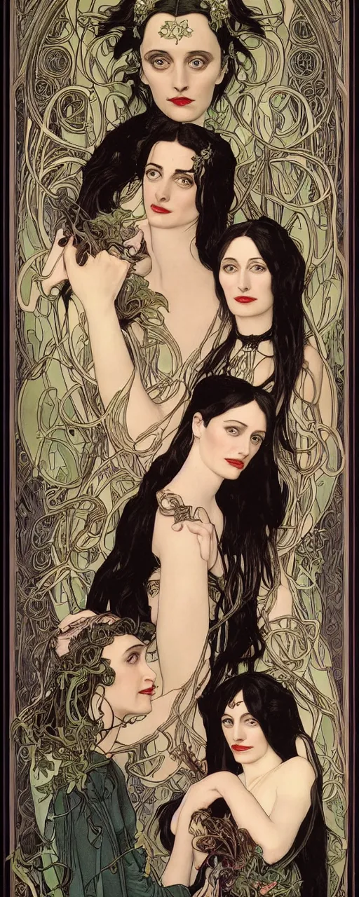 Prompt: stunning hyperdetailed art nouveau portrait of eva green wednesday addams and anjelica huston as the mythological 3 witches, by chris achilleos, michael kaluta and alphonse mucha, photorealism, extremely beautiful, perfect symmetrical facial features, perfect anatomy, strong confident eyes, eldritch powers, witchcraft, magic energy