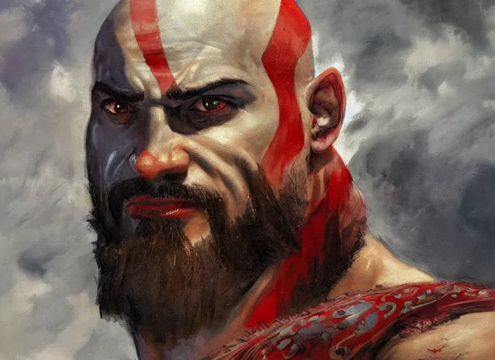 Image similar to a highly detailed beautiful portrait of kratos with nicolas maduro, by gregory manchess, james gurney, james jean