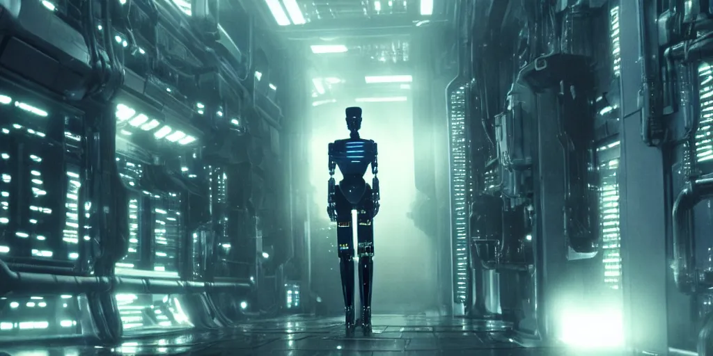 Prompt: human - like robot android in big datacenter shot from ridley scott blade runner movie