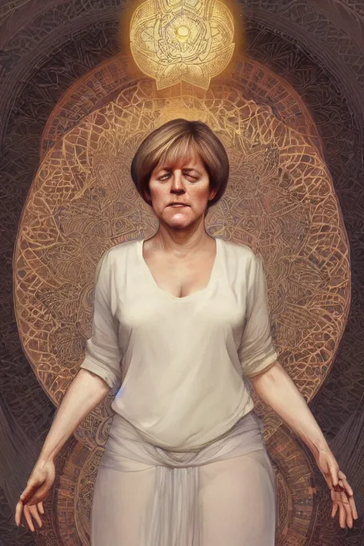 Prompt: a full body portrait of a beautiful ethereal delicate angela merkel meditative ancestral yoga power pose, intricate, elegant, highly detailed, digital painting, artstation, concept art, smooth, sharp focus, illustration, art by krenz cushart and artem demura and alphonse mucha